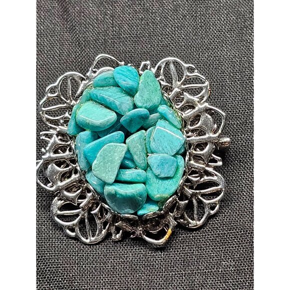 Vintage Silver-Tone Filigree Brooch With Aqua Turquoise Stone Chips Oval Design - Picture 5 of 6